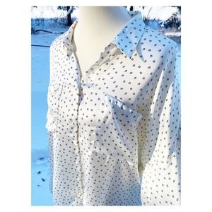 DH3 Button Down Cream Print Blouse Top 3/4 Sleeve Ditzy Floral Sz XL